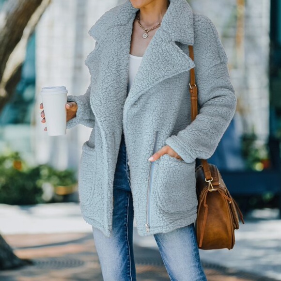 Cozy Khaki Tan Wide Collar Teddy Jacket Coat Oversized - Picture 7 of 16